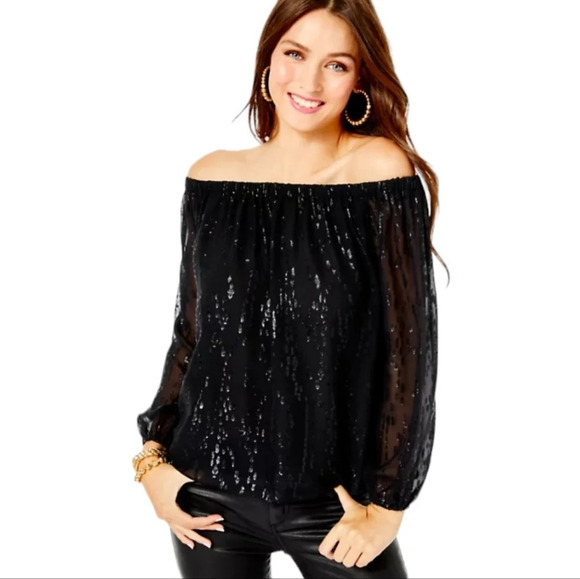 Lilly Pulitzer Emilee Black Metallic Silk Off The Shoulder Flowy Blouse Size XXS - Picture 1 of 7
